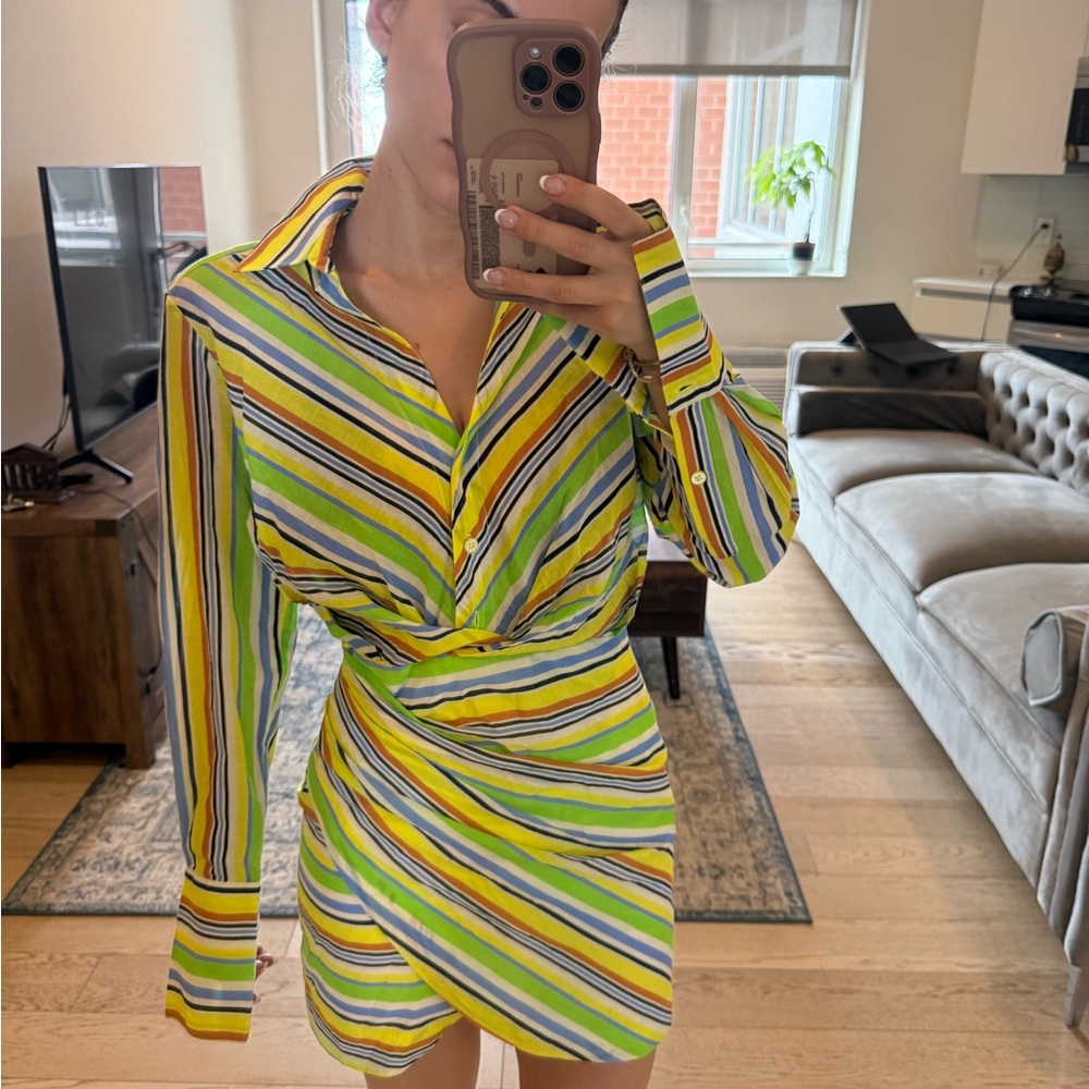 Yellow and Green Ruched Wrap Dress with Notched Collar